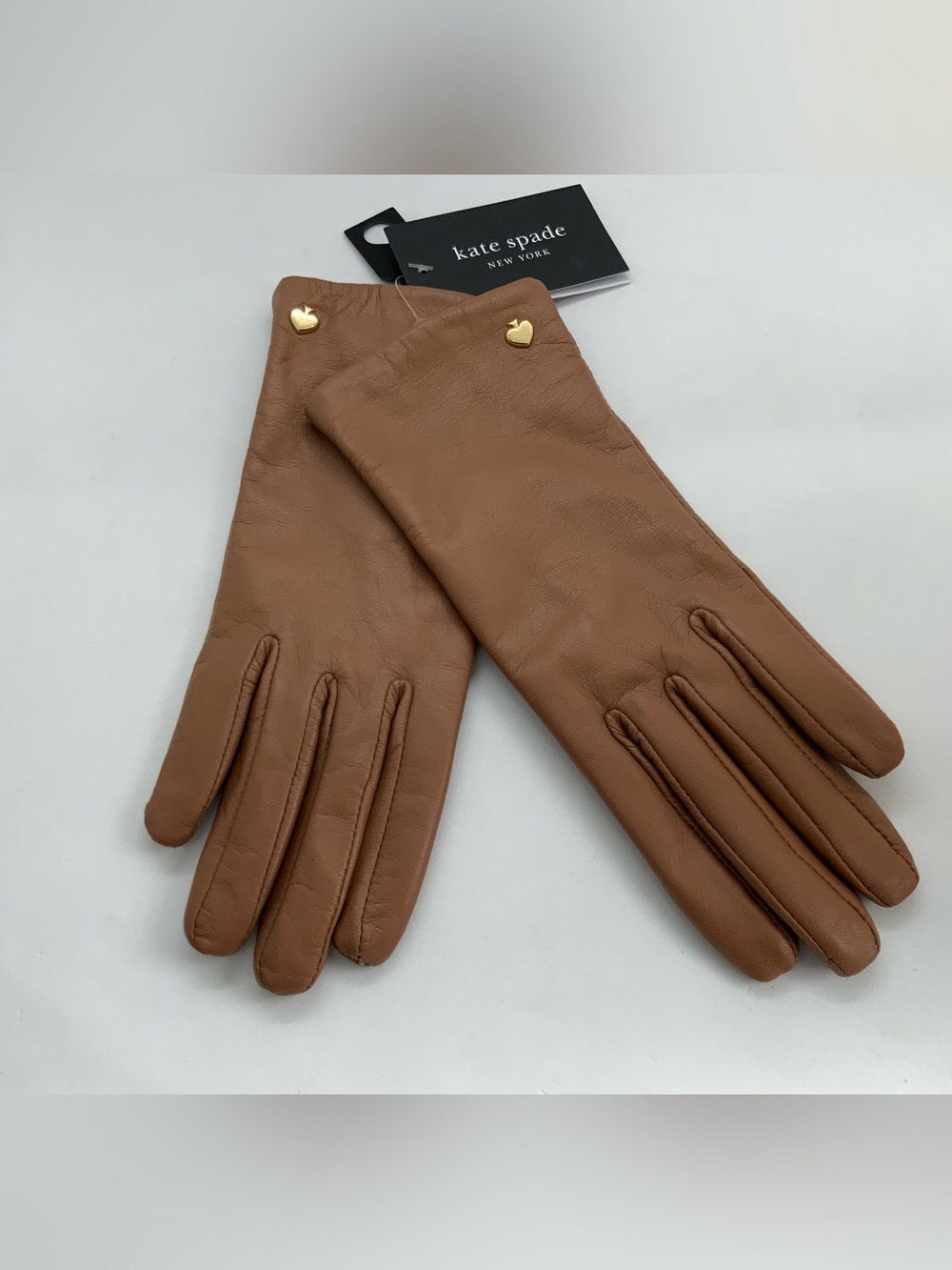 kate spade Tan Leather Gloves with Gold Heart Accents